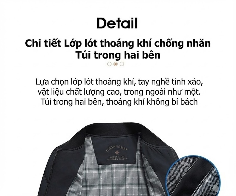 Áo Khoác Bông Nam Cổ Bóng Chày Lụa Tằm Cotton Mỏng Nhẹ Màu Đen chi tiết 9