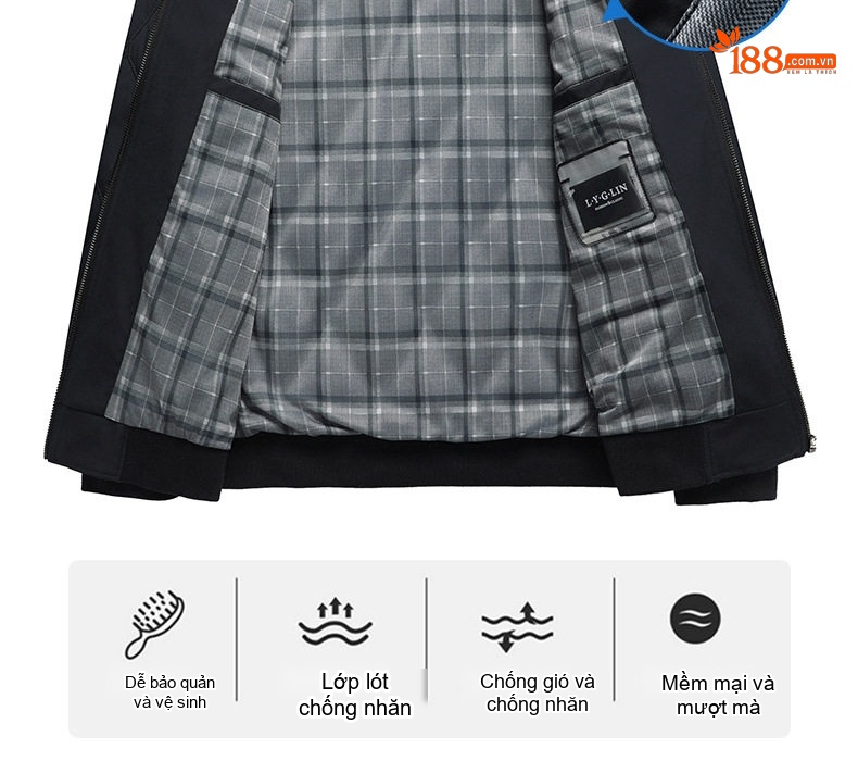 Áo Khoác Bông Nam Cổ Bóng Chày Lụa Tằm Cotton Mỏng Nhẹ Màu Đen chi tiết 10
