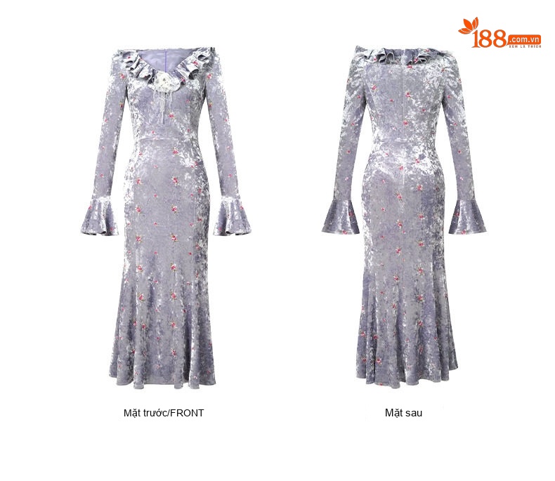 Váy Đầm Nữ Nhung Tăm Thêu Hoa Cổ Bèo Nhún Dáng Ôm chi tiết 5