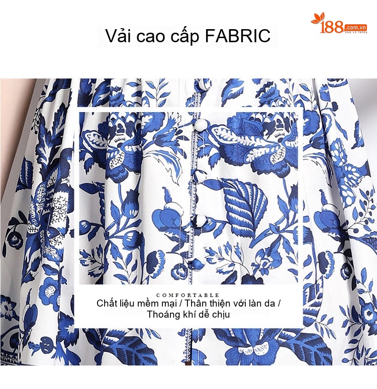 Váy Chữ A Nữ Cổ chữ V Tay Loe Thắt Eo Họa Tiết Cổ Điển Màu Trắng, Xanh Lam chi tiết 7