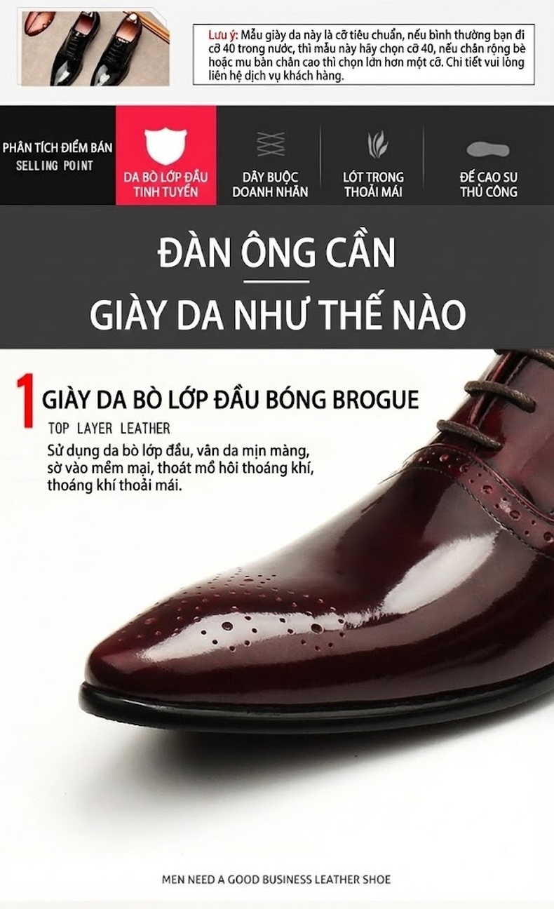 Giày Tây Buộc Dây Nam Da Bóng Chiều Cao Đế Khoảng 3cm Màu Đen, Đỏ Rượu Vang chi tiết 3