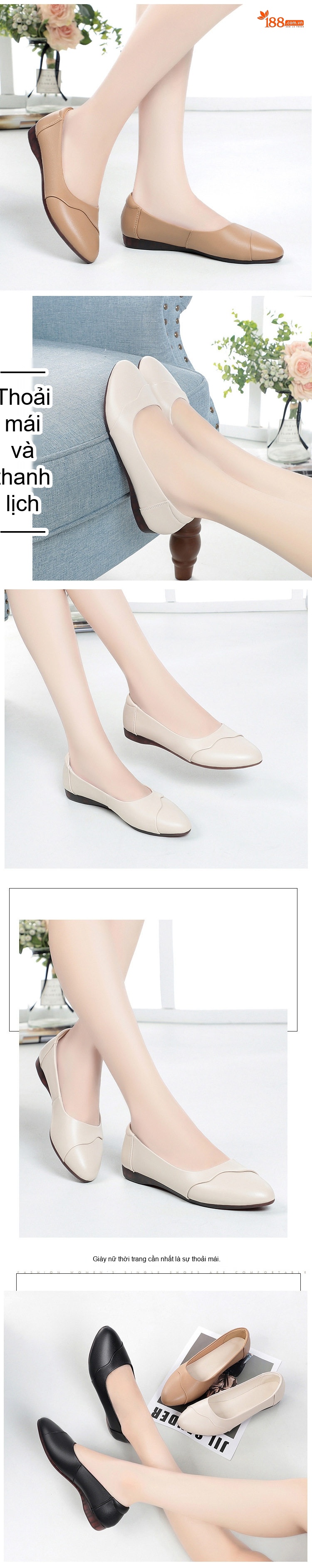 Giày Búp Bê Nữ Da Mềm Đế Mềm Thoải Mái Chiều Cao Đế Khoảng 1cm Màu Kem, Đen, Nâu chi tiết 7