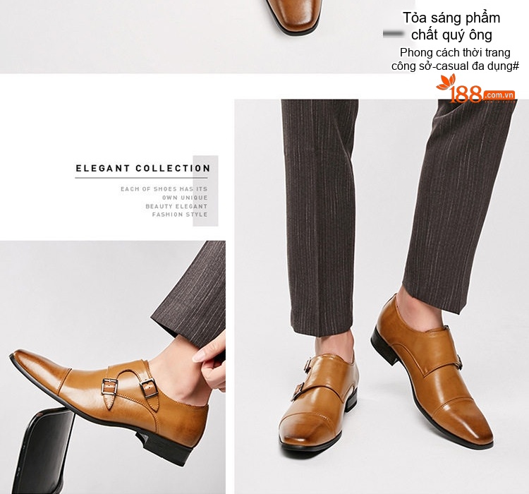 Giày Tây Monk Strap Nam Da Thật Chiều Cao Đế Khoảng 3cm Màu Đen, Nâu chi tiết 14