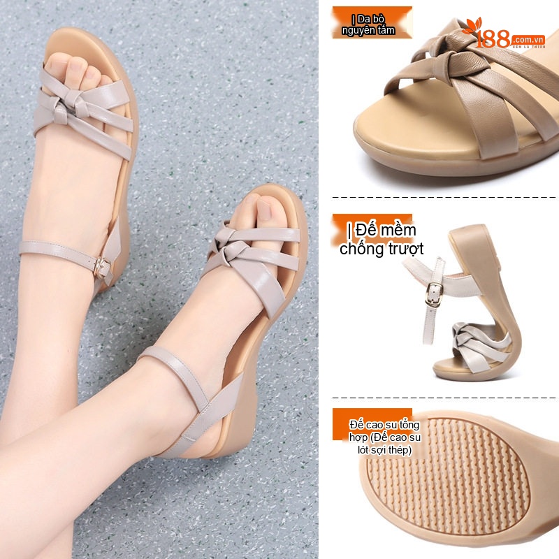 Dép Sandal Nữ Quai Ngang Da Bò Đế Cao 5cm - 6cm Màu Đen, Kem