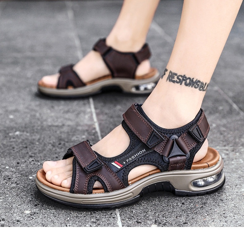 Dép Sandal Nam Da Thật Hở Ngón Thoáng Khí Chiều Cao Đế Khoảng 4cm Màu Nâu, Đen chi tiết 4
