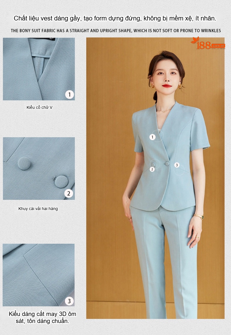Bộ Vest Công Sở Nữ Tay Ngắn Cổ chữ V Màu Xanh Lam, Đen chi tiết 8