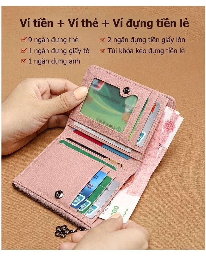 Ví Ngắn Nữ Da Thật Khóa Kéo Gập Đôi Phong Cách Hàn Quốc Màu Hồng chi tiết 3