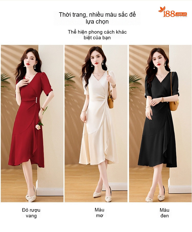 Váy Đầm Nữ Cổ chữ V Wrap Kiểu Dáng Thanh Lịch Màu Trắng, Đỏ, Đen chi tiết 5