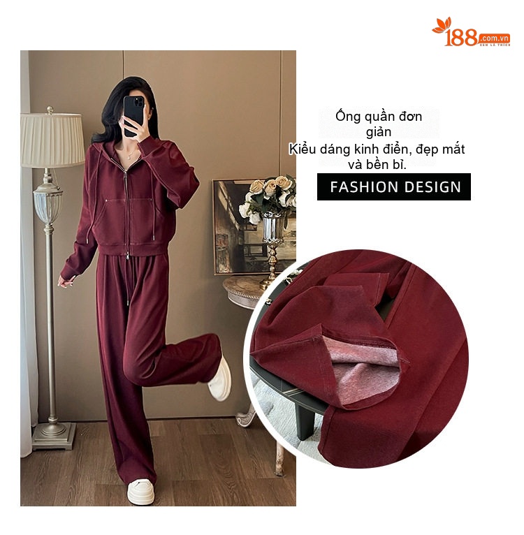 Bộ Đồ Thể Thao Nữ Áo Khoác Hoodie Dây Kéo Quần Ống Rộng Màu Đỏ Rượu Vang, Xanh Navy chi tiết 6