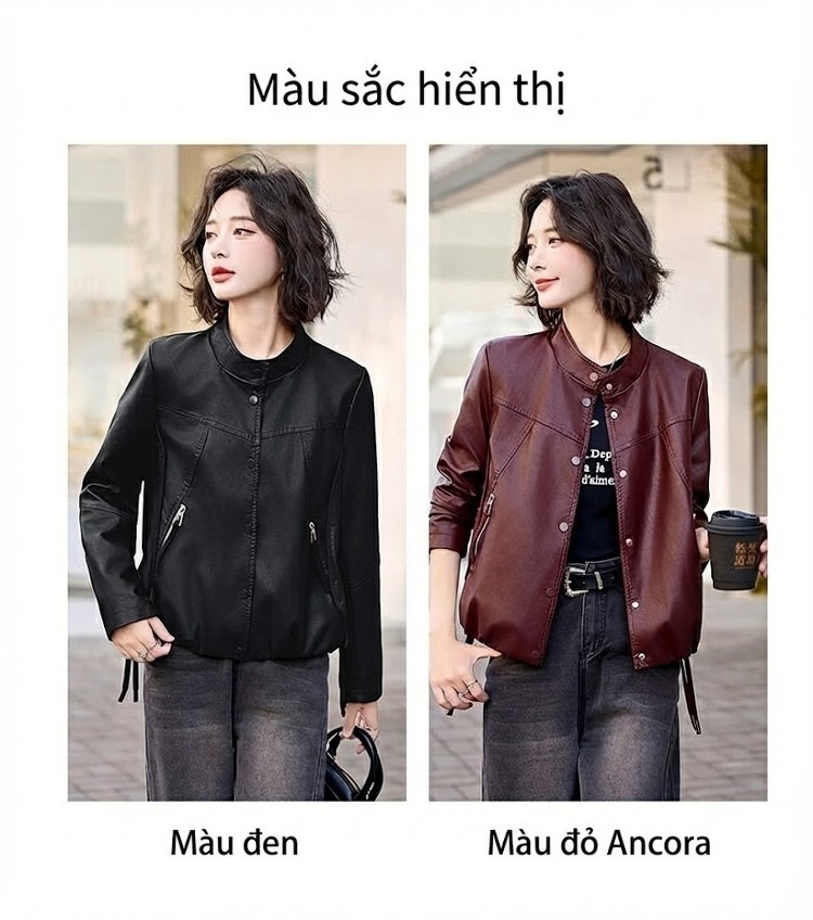 Áo Khoác Bomber Nữ Da PU Dáng Ngắn Thời Trang Màu Đen, Đỏ Rượu chi tiết 11