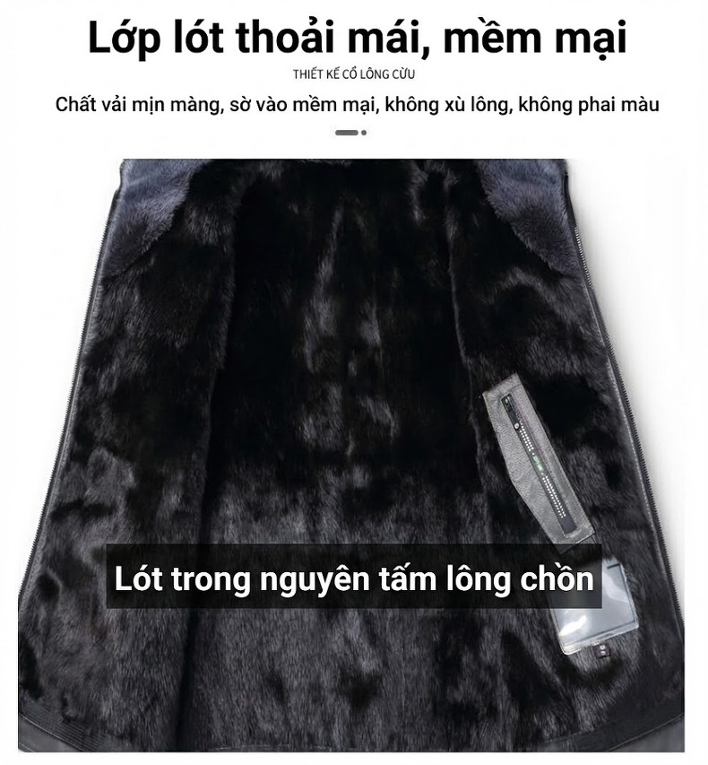 Áo Khoác Da Thật Nam Lót Lông Chồn Cổ Lông Sơn Dương Dáng Dài Màu Đen, Xám chi tiết 5