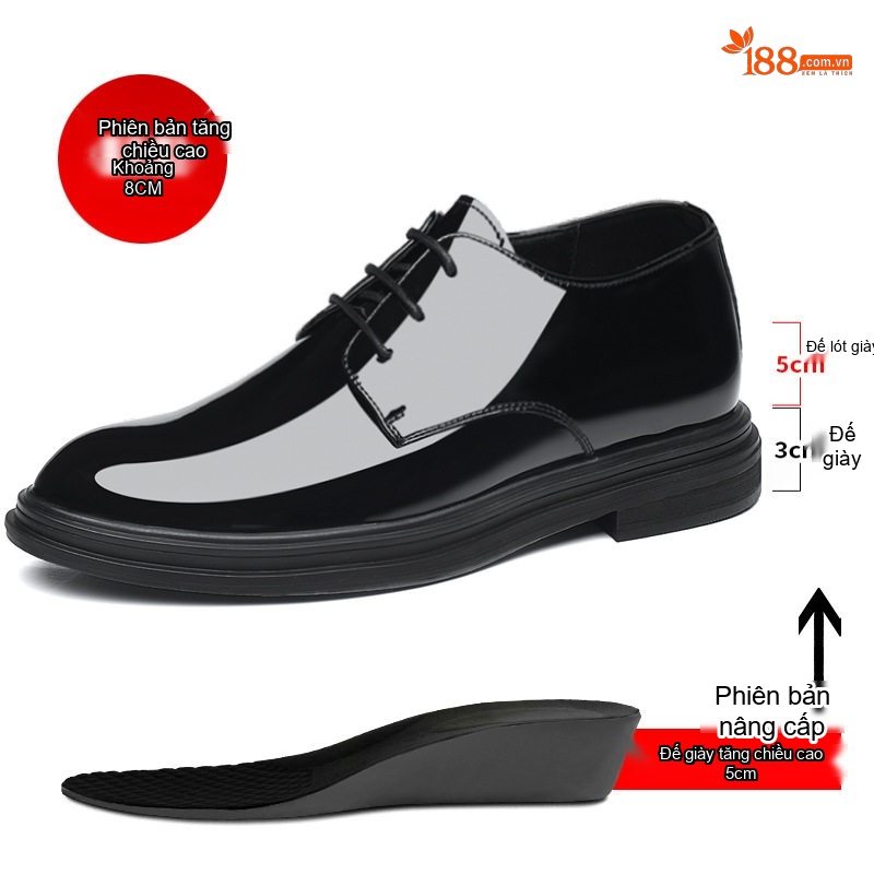 Giày Tây Buộc Dây Nam Da Bóng Chiều Cao Đế 6cm Màu Đen