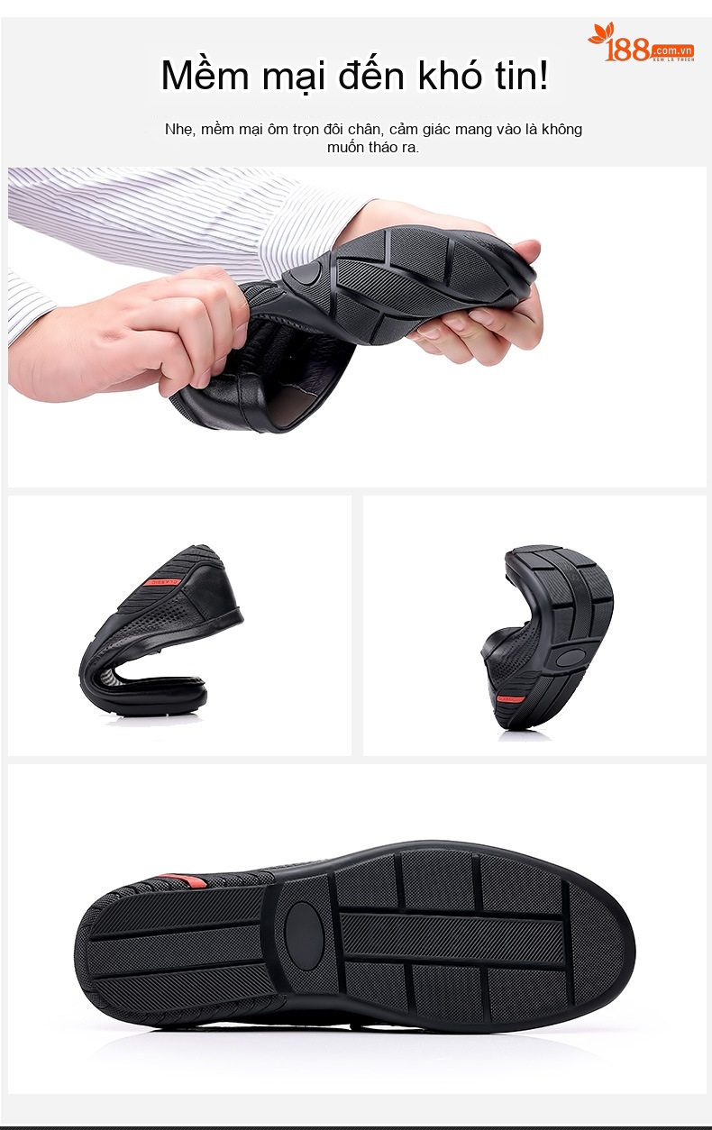 Giày Lười Nam Da Thật Đục Lỗ Thoáng Khí Size Lớn Chiều Cao Đế Khoảng 2cm Màu Đen chi tiết 3