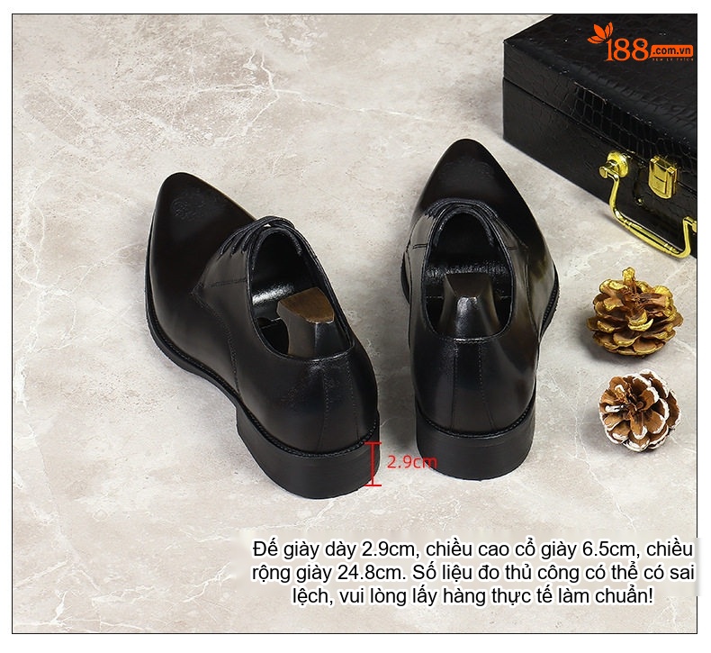 Giày Tây Buộc Dây Nam Da Thật Chiều Cao Đế Khoảng 3cm Màu Đen, Nâu, Vàng chi tiết 3
