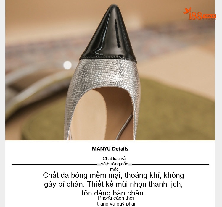 Giày Búp Bê Mary Jane Nữ Da Cừu Mũi Nhọn Chiều Cao Đế Khoảng 3cm Màu Bạc, Đen chi tiết 6