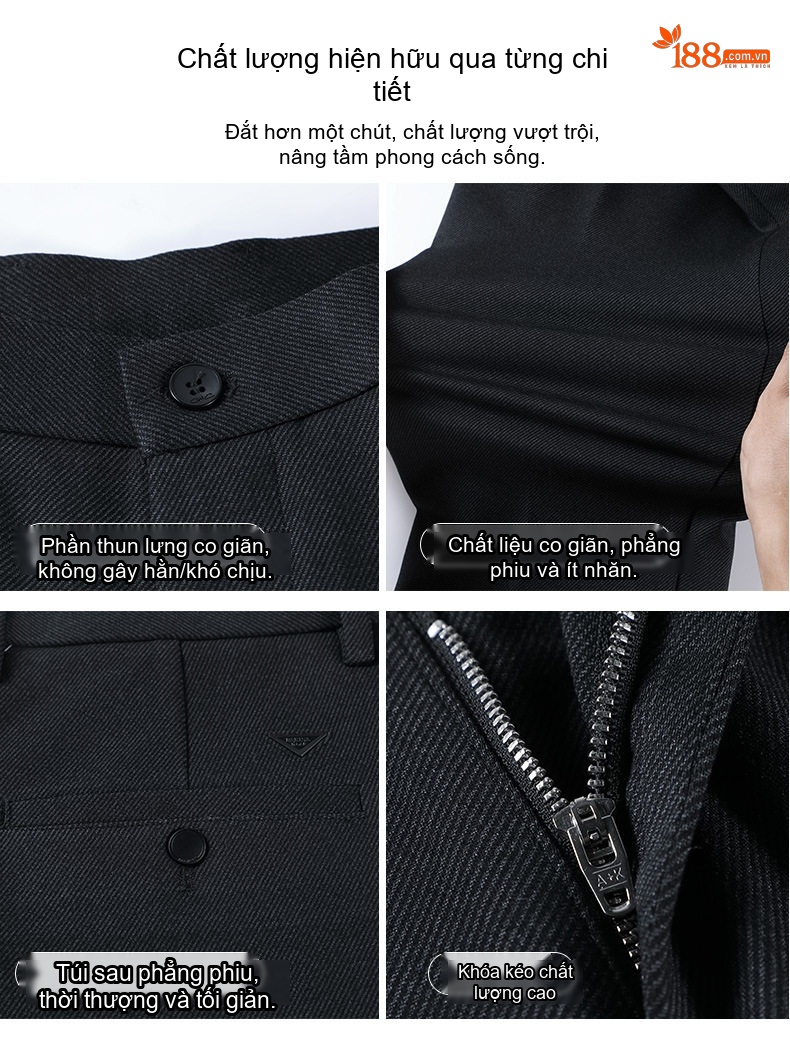 Quần Âu Nam Wool Dáng Suông Chống Nhăn Không Cần Là Màu Đen, Xanh Navy chi tiết 5