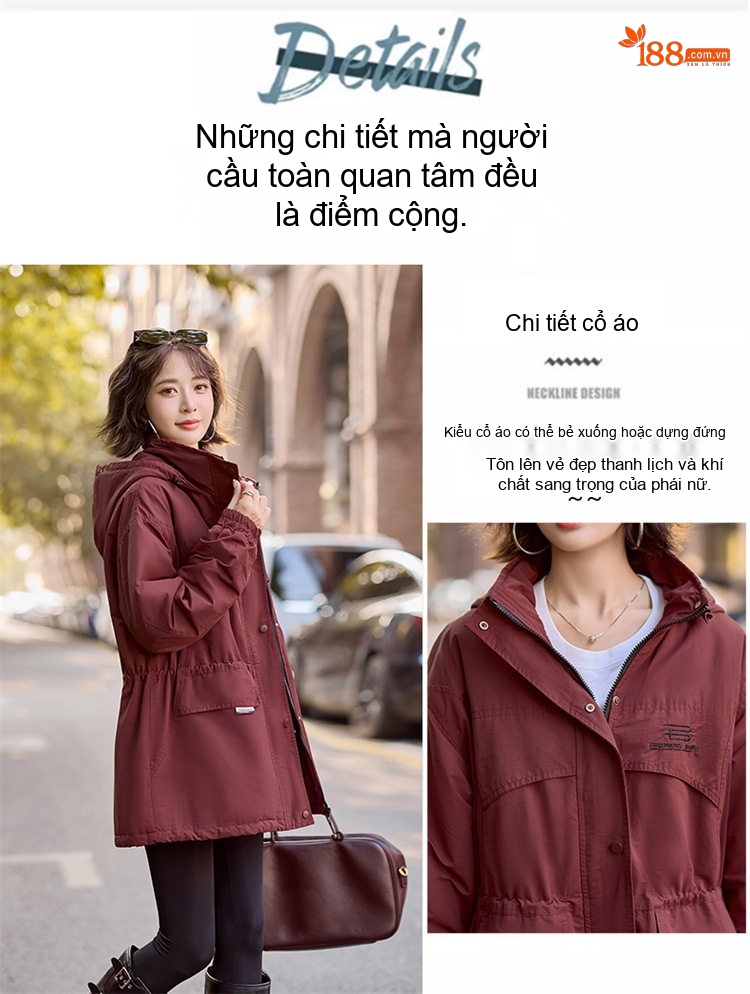 Áo Khoác Parka Nữ Cotton Lót Lông Dày Dặn Dáng Dài Giữ Ấm Màu Đỏ Ancola, Nâu, Đen chi tiết 7