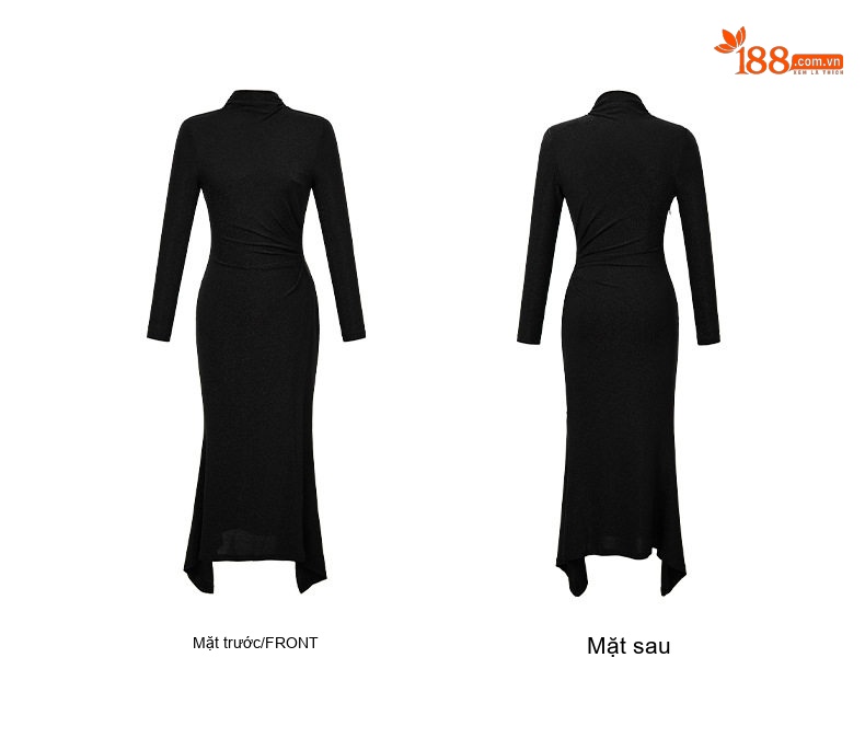 Váy Đầm Ôm Body Dài Tay Cổ Lọ Dáng Dài Xẻ Tà Bất Đối Xứng Màu Đen chi tiết 5