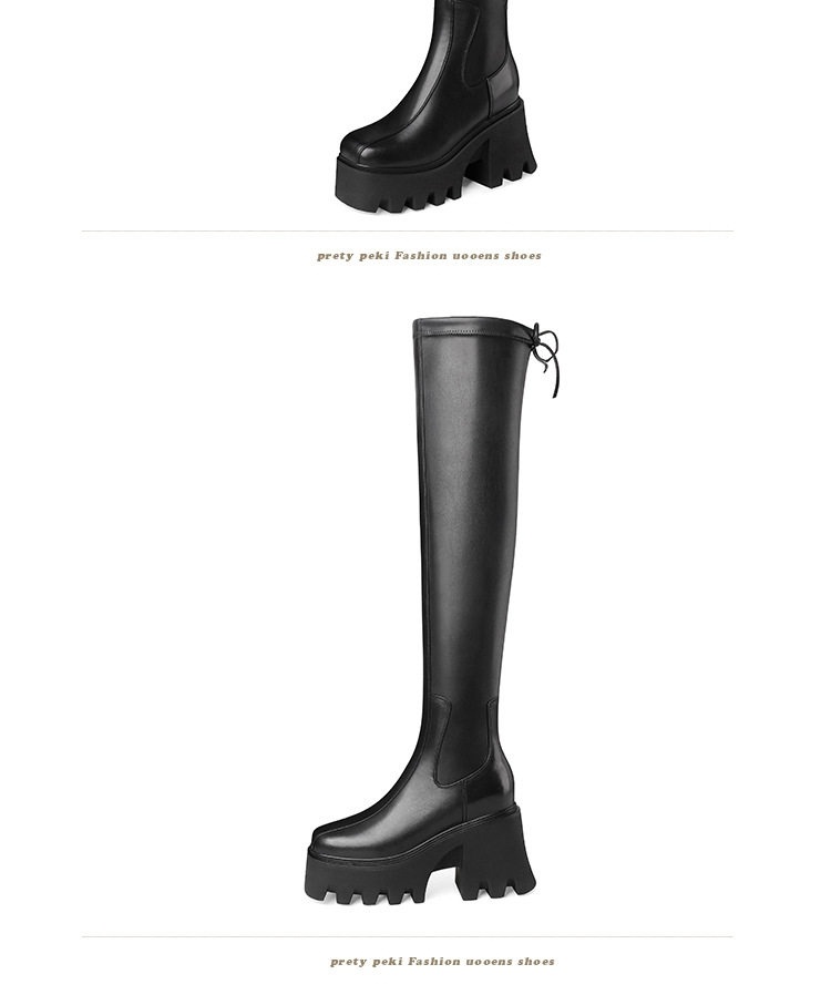 Boot Nữ Cao Cổ Qua Gối Da Bóng Đế Cao 10cm Mũi Vuông Tôn Dáng Phong Cách Thu Đông Màu Đen chi tiết 11
