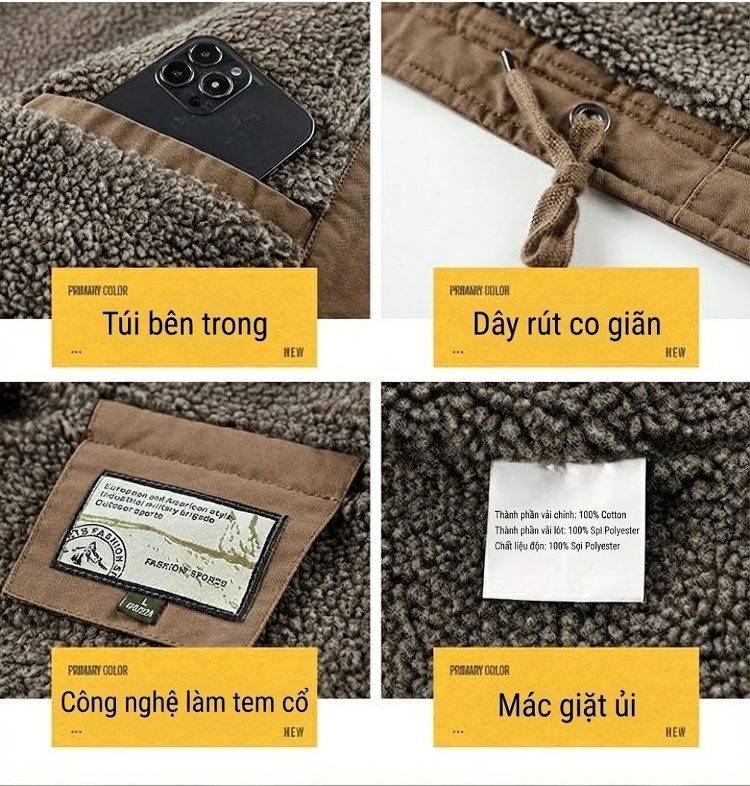 Áo Khoác Nam Cotton Lót Lông Cừu Dày Dặn Cổ Bẻ Giữ Ấm Form Rộng Màu Nâu, Đen chi tiết 12