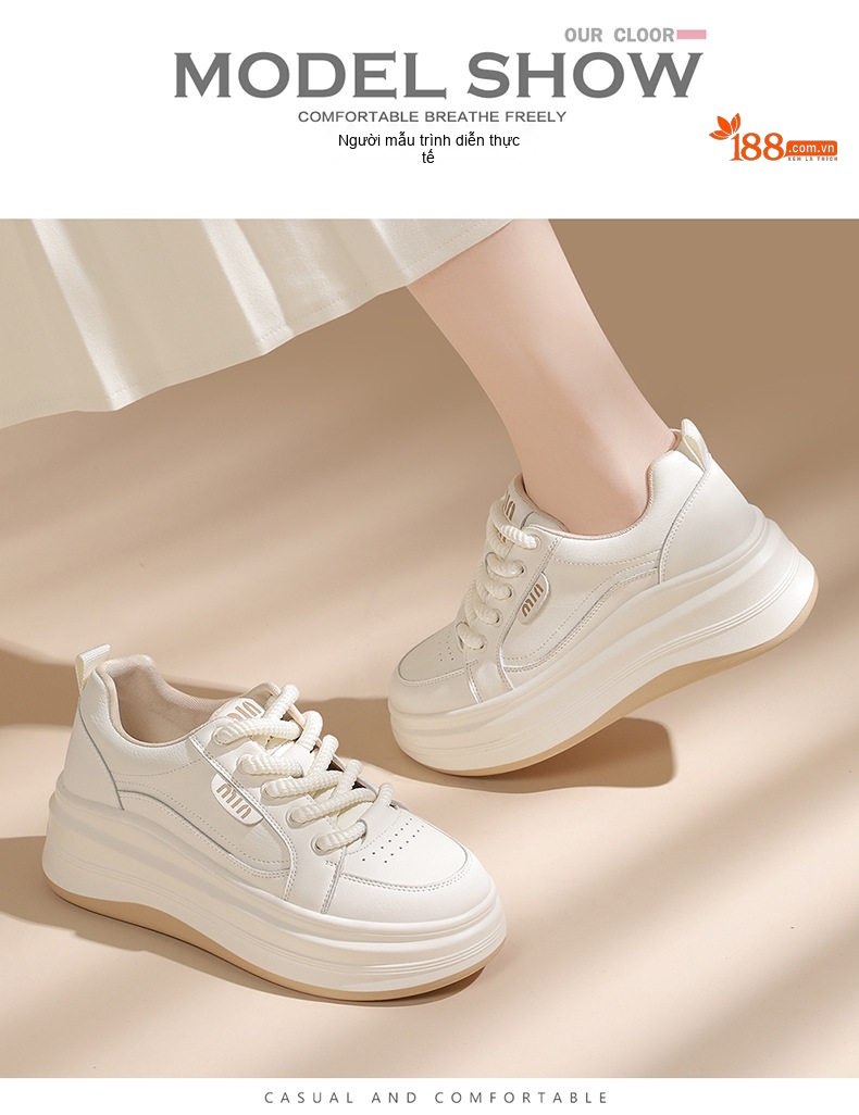 Giày Thể Thao Nữ Da Thật Kiểu Dáng Sneaker Chiều Cao Đế Khoảng 4cm Màu Trắng, Đen chi tiết 14