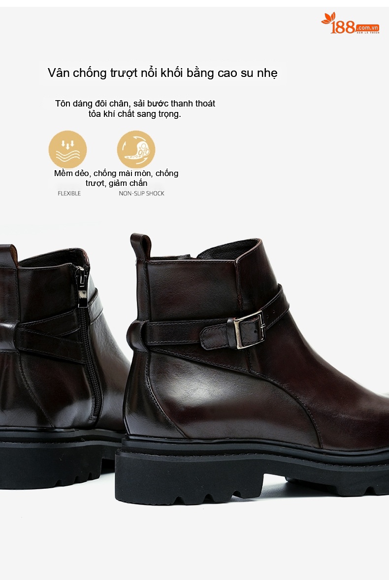 Boot Nam Cao Cổ Da Bò Khóa Cài Phong Cách Anh Quốc Chiều Cao Đế Khoảng 4cm Màu Đen, Nâu Đỏ chi tiết 14