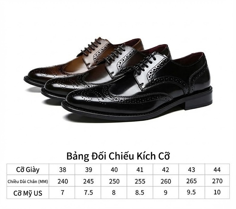 Giày Tây Buộc Dây Nam Da Thật Brogue Chiều Cao Đế Khoảng 3cm Màu Đen, Nâu chi tiết 3
