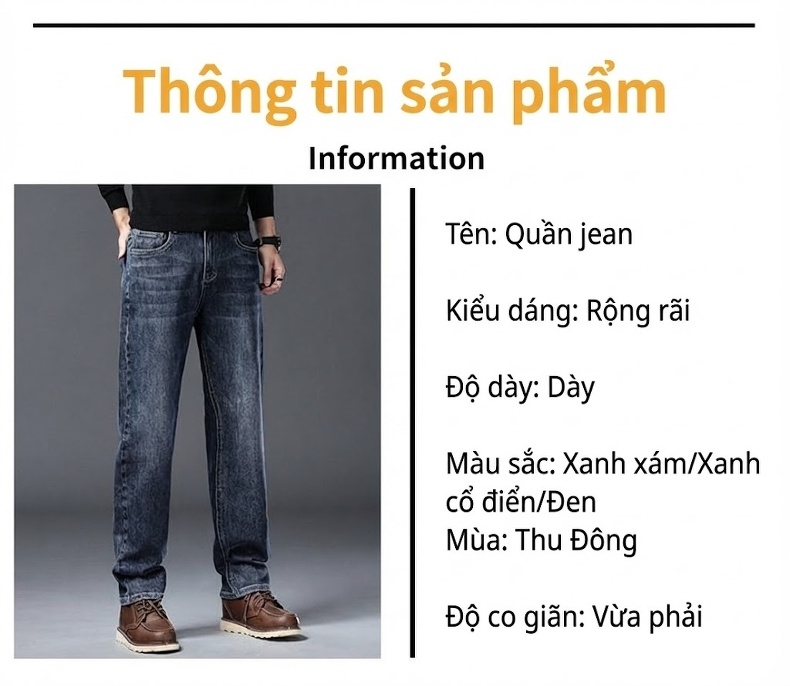 Quần Jean Nam Ống Đứng Dáng Rộng Co Giãn Thoải Mái Phong Cách Thu Đông Màu Xanh Đậm, Xanh Nhạt chi tiết 11
