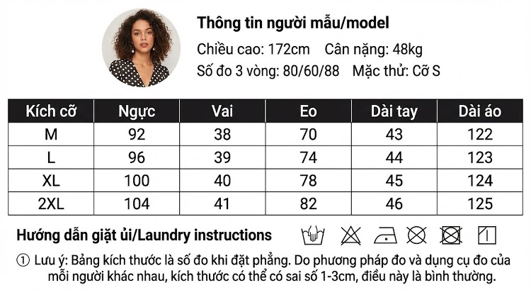 Váy Đầm Nữ Dáng Dài Họa Tiết Chấm Bi Cổ chữ V Pháp Tay Bồng Thắt Eo chi tiết 3