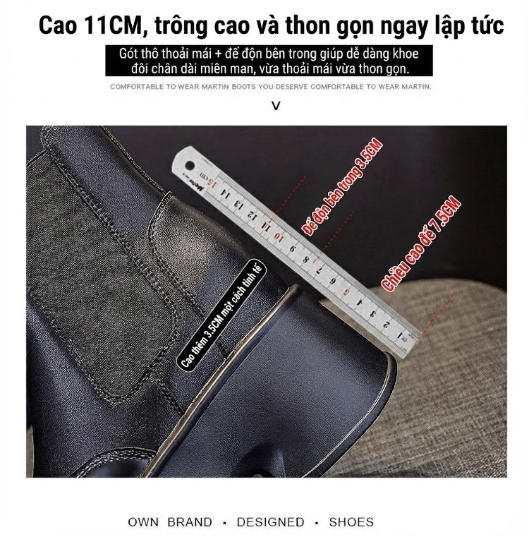Giày Boot Martin Nữ Cổ Lửng Đế Dày Chiều Cao Đế Khoảng 11cm Da Bóng Màu Đen chi tiết 14