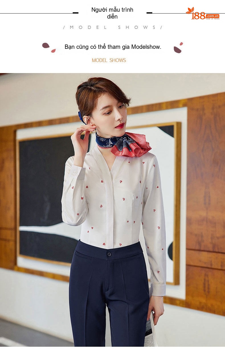 Áo Sơ Mi Nữ Cổ Trụ Tay Dài Màu Trắng Họa Tiết chi tiết 10