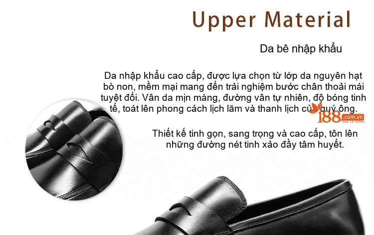 Giày Lười Nam Da Bò Mũi Vuông Chiều Cao Đế Khoảng 2cm Màu Đen, Nâu chi tiết 1