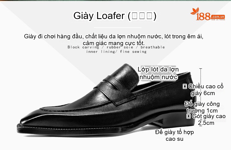 Giày Lười Penny Loafer Nam Da Bò Mũi Vuông Chiều Cao Đế Khoảng 3cm Màu Đen, Nâu chi tiết 2