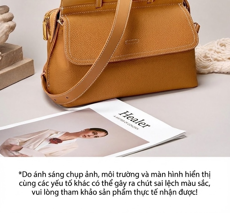Túi Đeo Chéo Nữ Da Bò Dáng Hộp Công Sở Size Lớn Màu Nâu, Đen, Vàng chi tiết 2