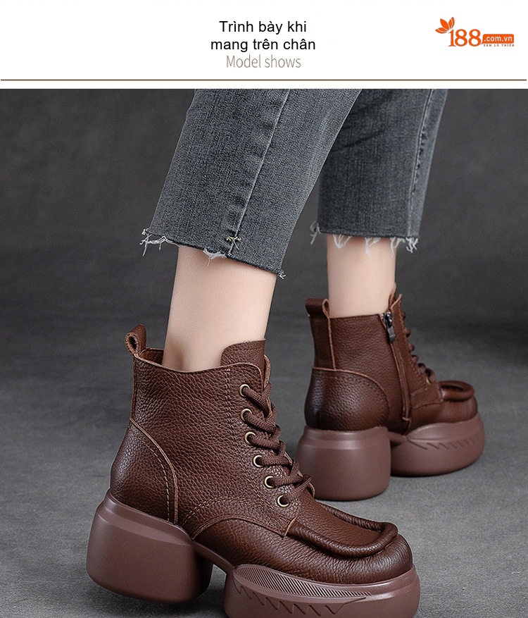 Boot Martin Nữ Dây Buộc Da Mờ Giữ Ấm Mùa Đông Chiều Cao Đế Khoảng 5cm Màu Đen, Nâu chi tiết 5