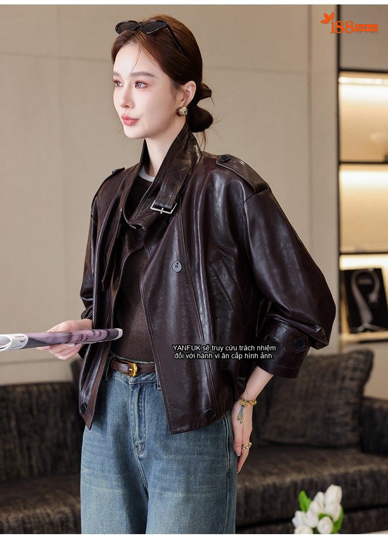 Áo Khoác Da Thật Nữ Kiểu Ngắn Dáng Bomber Da Cừu chi tiết 24