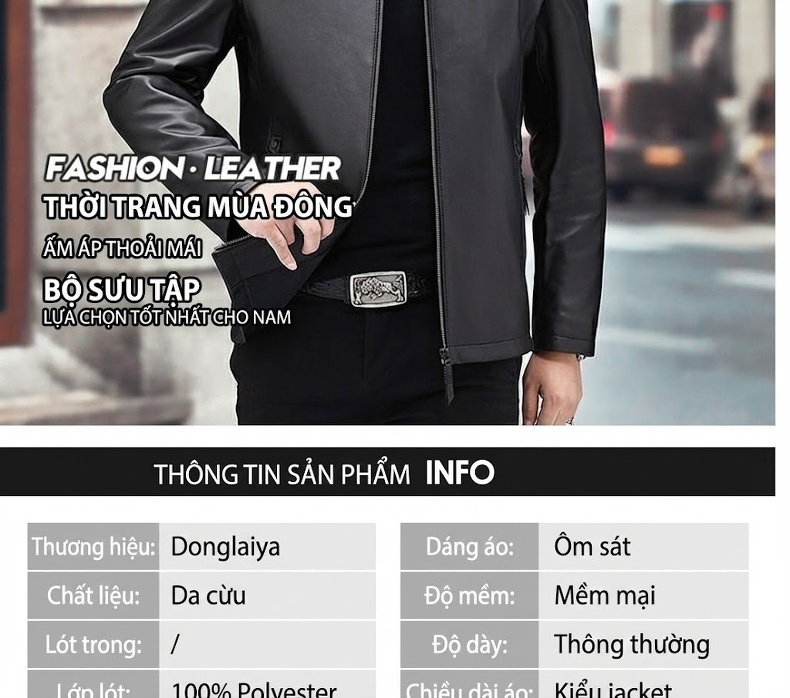 Áo Khoác Da Cừu Nam Dáng Ngắn Cổ Bẻ Slim Fit Phong Cách Doanh Nhân Màu Đen chi tiết 2
