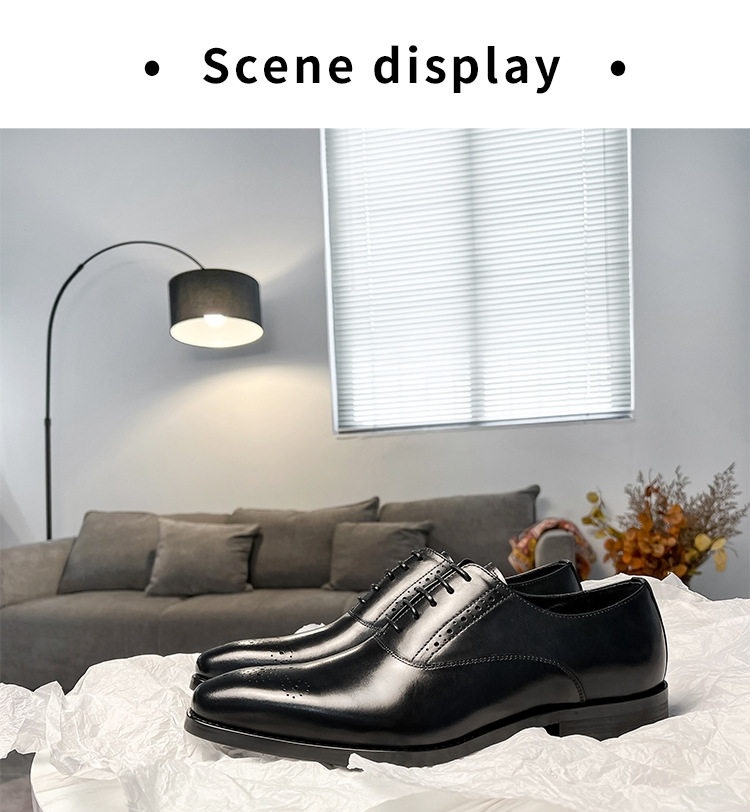 Giày Tây Buộc Dây Nam Da Bò Mũi Nhọn Brogue Chiều Cao Đế Khoảng 3cm Màu Đen, Đỏ Rượu chi tiết 11