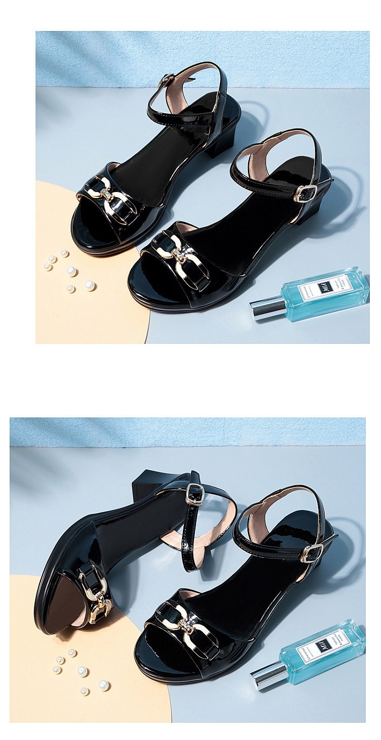 Giày Sandal Cao Gót Nữ Quai Ngang Da Bóng Gót Cao 7cm - 8cm Màu Đen, Kem chi tiết 13