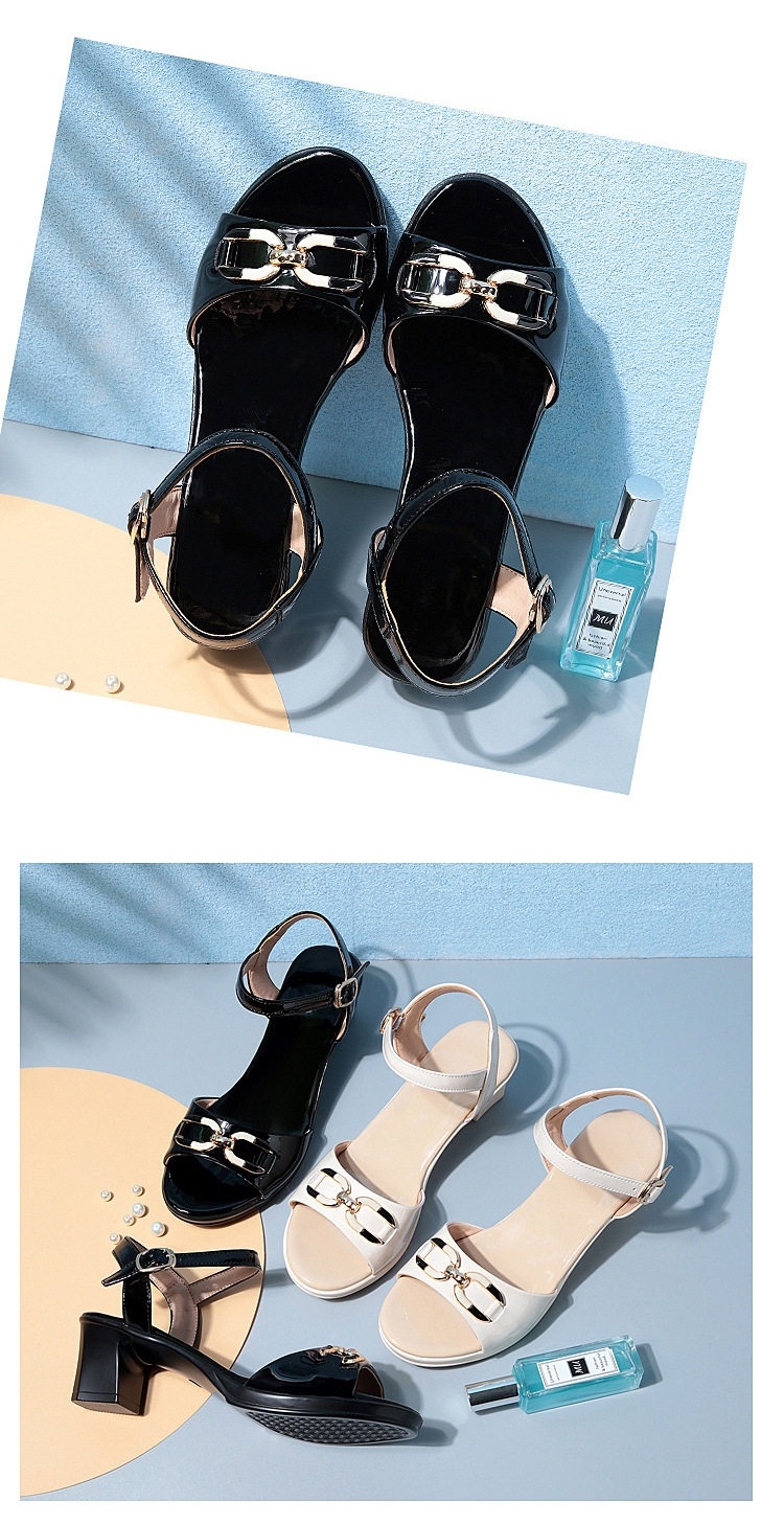 Giày Sandal Cao Gót Nữ Quai Ngang Da Bóng Gót Cao 7cm - 8cm Màu Đen, Kem chi tiết 14