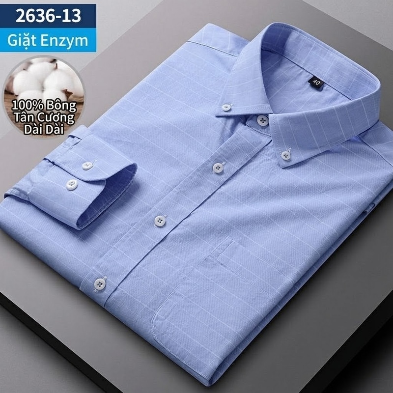 Áo Sơ Mi Nam Tay Dài Cotton Oxford Giặt Nước Kẻ Caro Mặc Đơn Giản Lót Trong Công Sở Màu Trắng, Xanh Dương, Xám, Hồng...