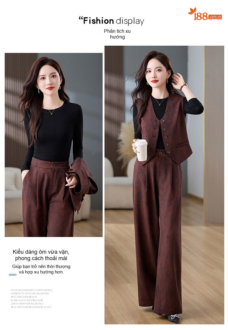 Set Bộ Vest Nữ Áo Gile Quần Ống Rộng Phong Cách Thời Trang Màu Nâu Đỏ chi tiết 2