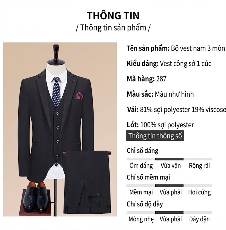 Bộ Vest Nam Trơn Màu Cưới Hỏi Chú Rể Dáng Ôm Phong Cách Hàn Quốc Bộ Ba Món Màu Đen chi tiết 11