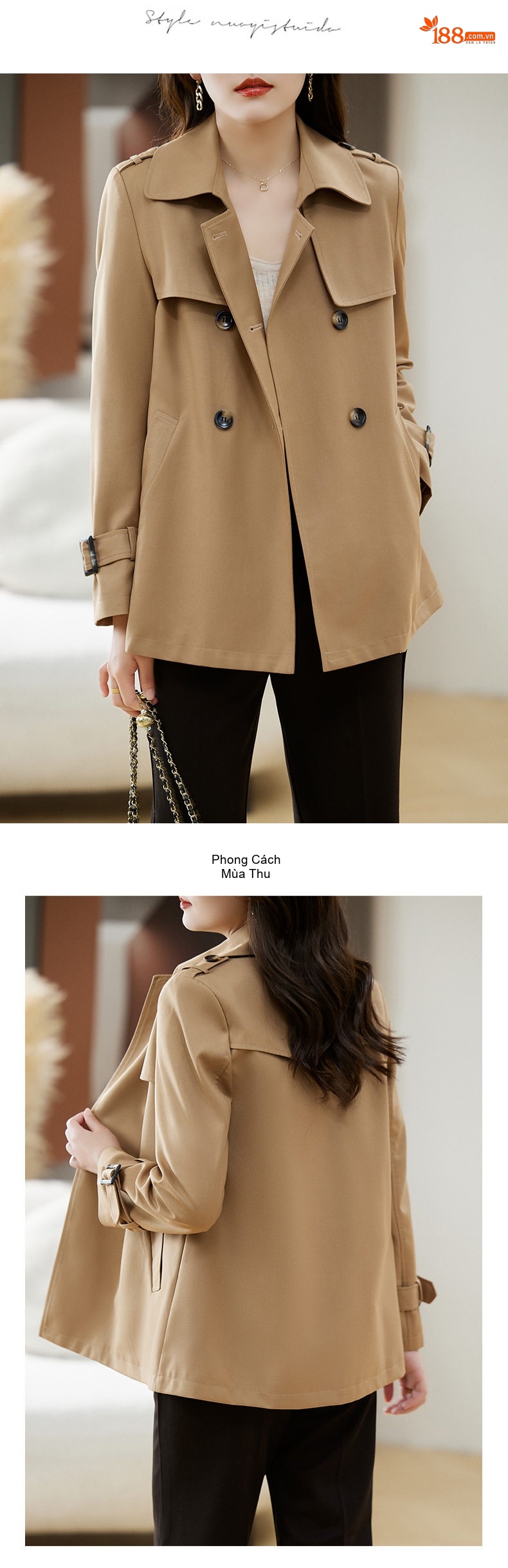 Áo Khoác Ngắn Nữ Dáng Suông Cổ chữ Vest Phong Cách Hàn Quốc Màu Be, Trắng chi tiết 21