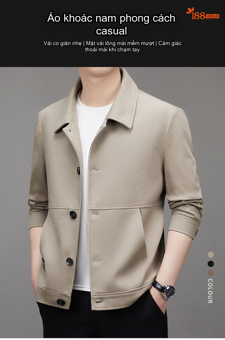 Áo Khoác Jacket Nam Cổ Bẻ Dáng Ôm Vừa Phong Cách Doanh Nhân Màu Đen, Nâu, Be chi tiết 1