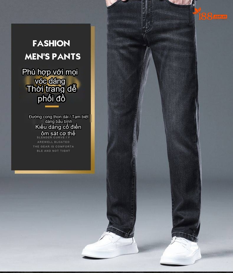 Quần Jean Nam Dáng Suông Vải Cotton Co Giãn Màu Đen Khói chi tiết 3