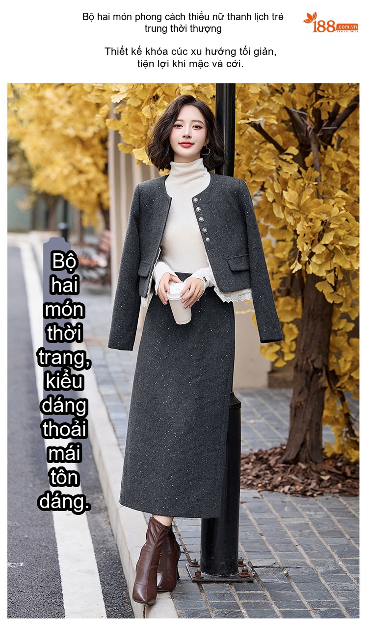Set Áo Khoác Lửng và Chân Váy Nữ Vải Tweed Phong Cách Tiểu Thư Màu Nâu, Xám chi tiết 7