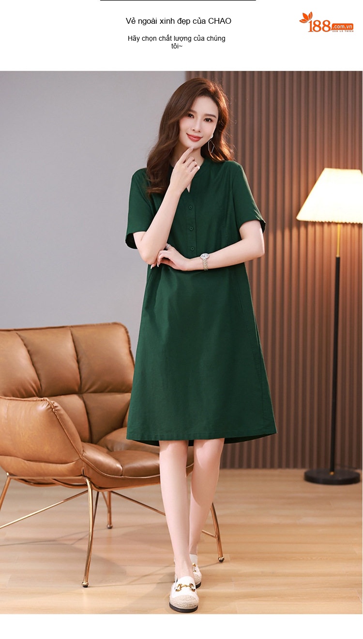 Váy Midi Nữ Cổ chữ V Tay Ngắn Phong Cách Retro Thanh Lịch Cotton Màu Xanh Rêu, Xanh Lá, Tím, Xanh Navy... chi tiết 14