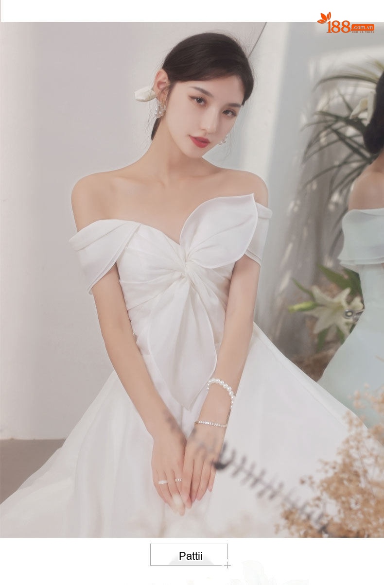Váy Cưới Nữ Phong Cách Pháp, Hở Vai, Thích Hợp Chụp Ảnh Cưới, Tiệc Tối Màu Trắng chi tiết 3