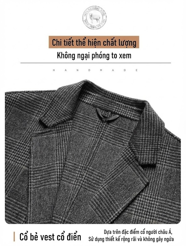 Áo Vest Nam Lông Cừu Hai Mặt Kẻ Ôm Dáng Thu Đông Dày Dặn Màu Xám chi tiết 16